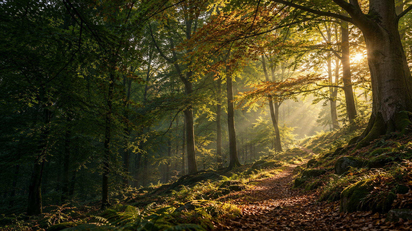Morning light filtering through a beech woodland